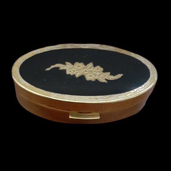 40s 50s Hollywood Glam Max Factor Oval Gold Black Enamaled Lipstick Case Mirror